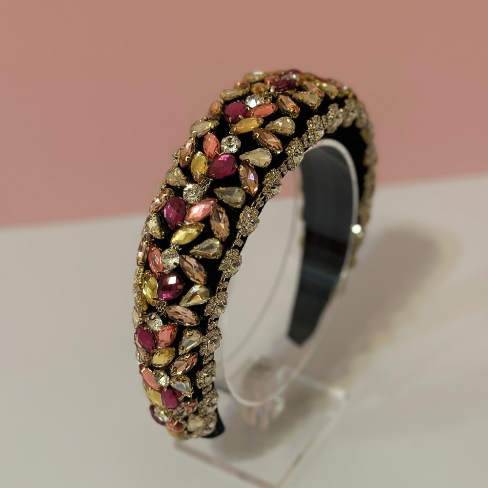Two Tone Pink and White Rhinestone Black Velvet Headband - Picture 4 of 9